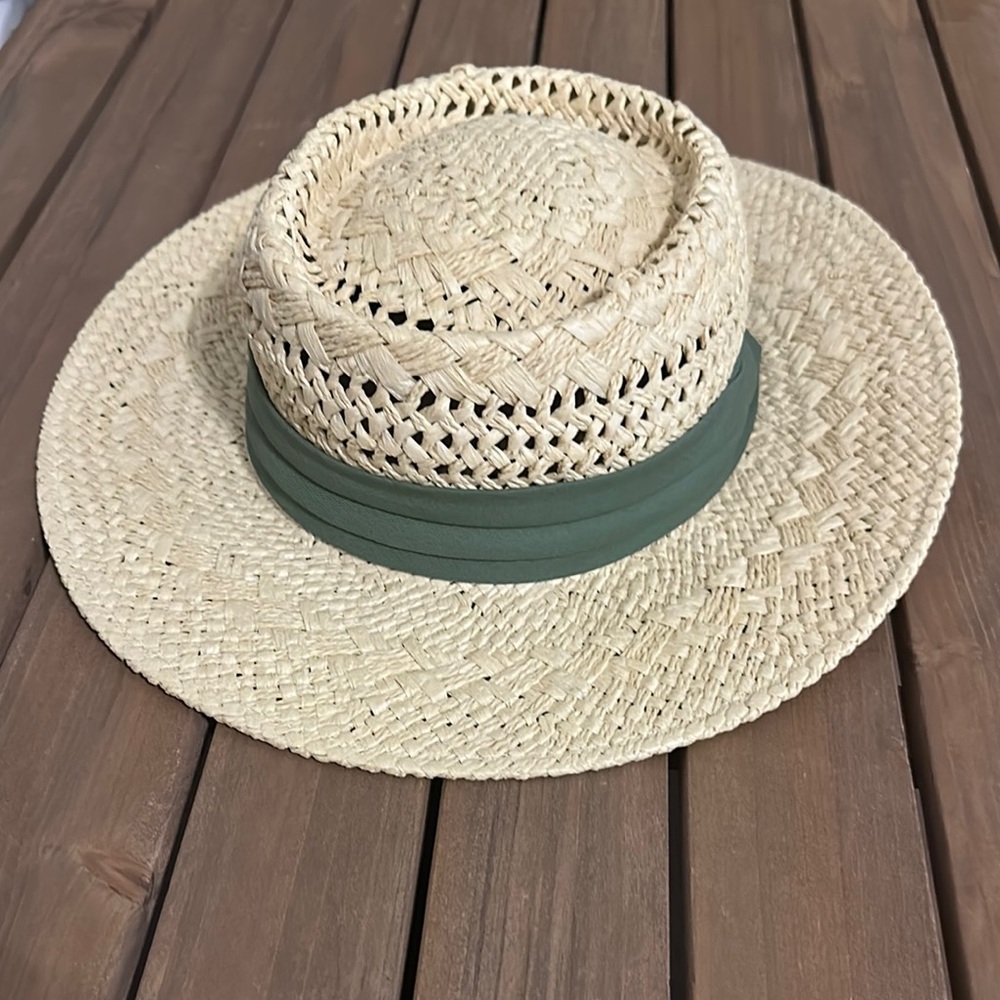 Stylish Tan Straw Hat with Green Band